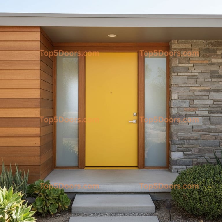 Bright Yellow Flat-panel Door With Frosted Sidelights and Wood Trim