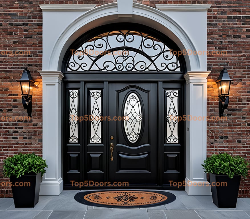 Elegant Black Wood Double Door With Oval Glass and Wrought Iron Detail