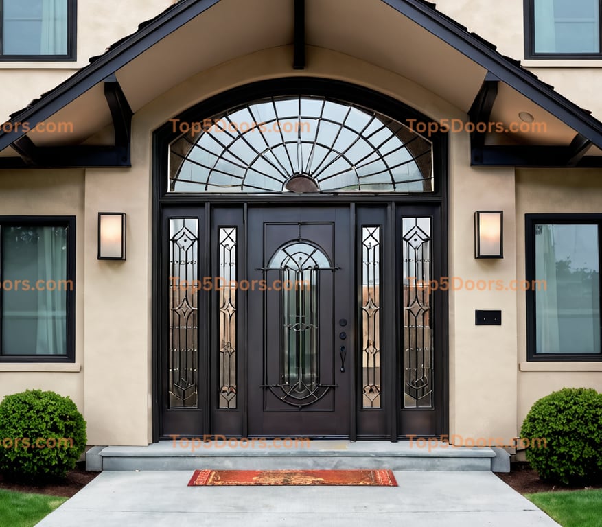 Arched Bronze Entry Door With Wrought Iron, Sidelights, and Sunburst Transom