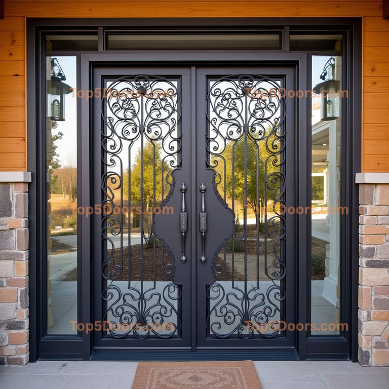 Elaborate Double Door with Wrought Iron Designs