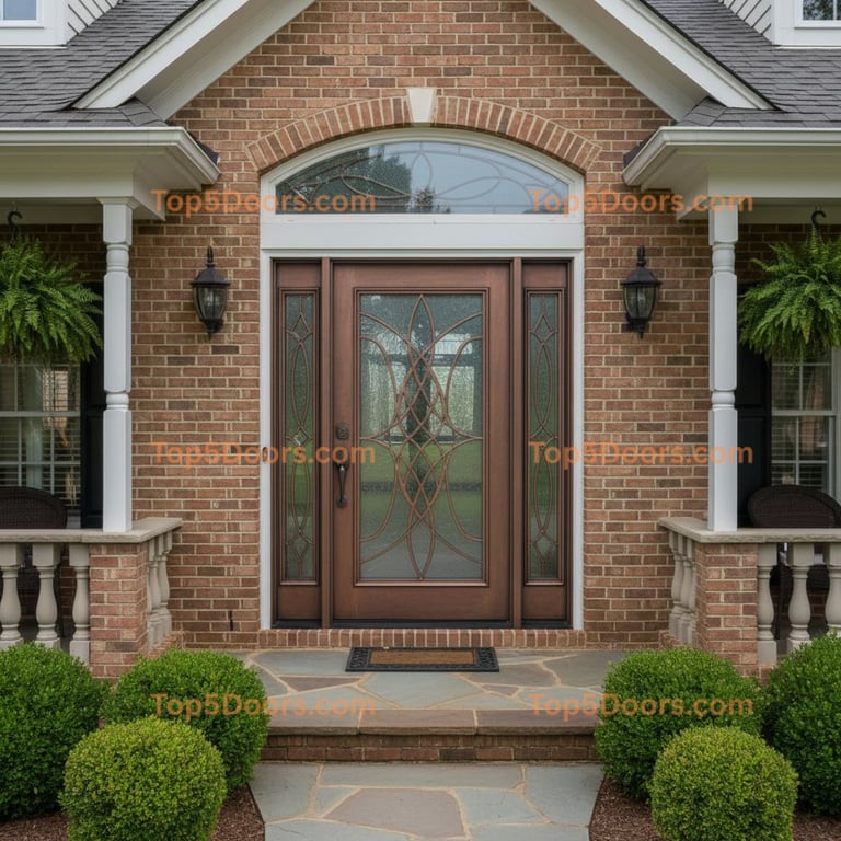Dark Brown Front Door With Leaded Glass Filigree Design and Sidelights