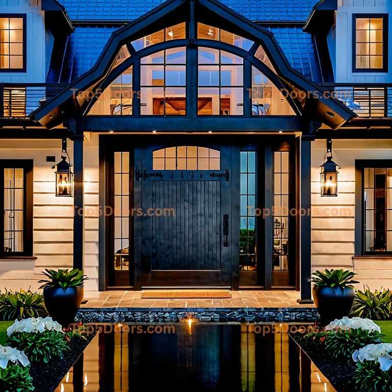 Arched Wood Front Door With Black Mullions, Sidelights, and Transom Window