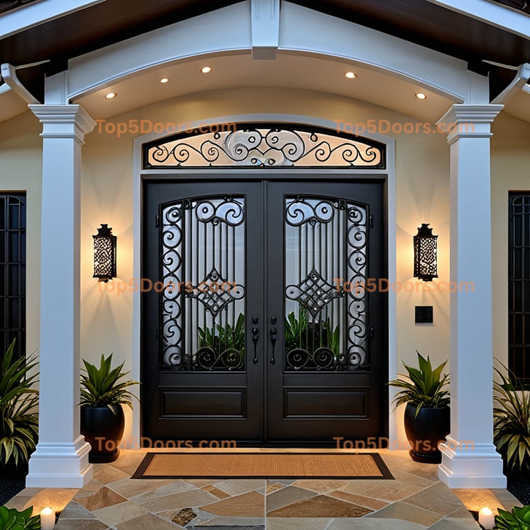 Arched Wrought Iron Double Door With Decorative Metalwork and White Columns