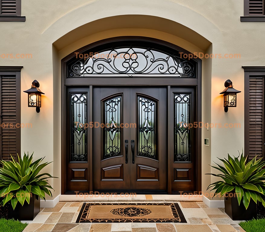 Elegant Mahogany Double Door With Ironwork and Arched Transom Window 1