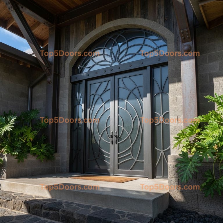 Hawaii wrought iron glass paneled coastal Door