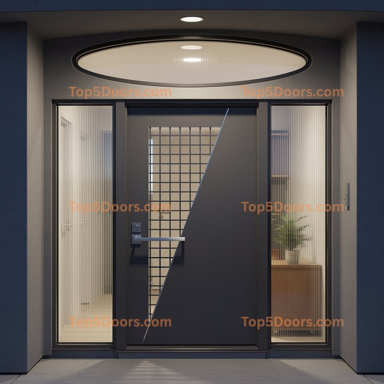 Modern Dark Gray Metal Door With Geometric Design and Reeded Glass Sidelights