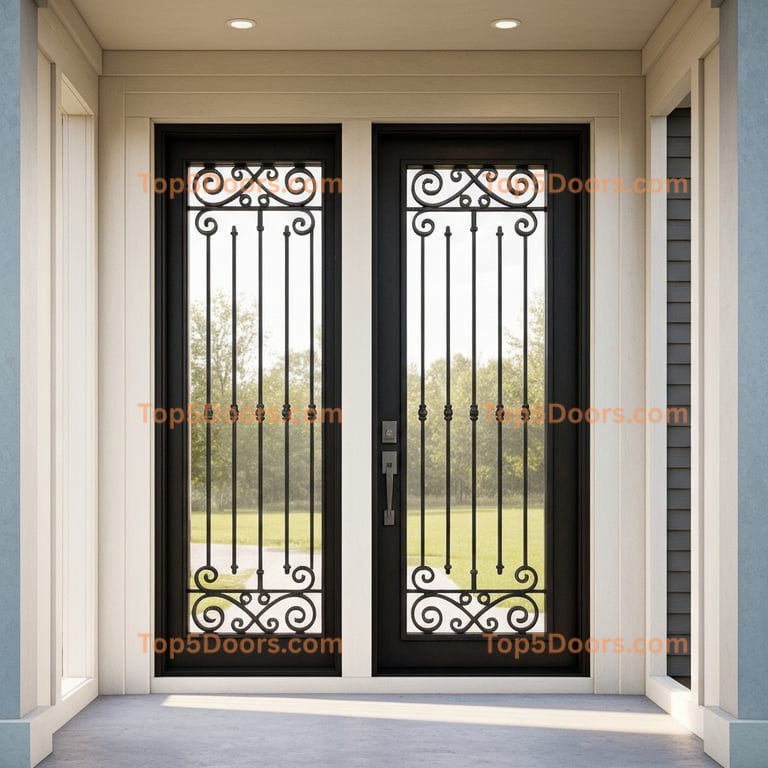 Black Framed Double Entry Doors With Wrought Iron and Glass Design