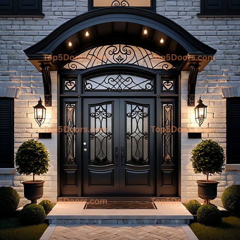 Elegant Black Double Front Door With Wrought Iron and Arched Canopy