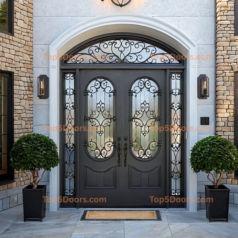 Elegant Arched Double Doors With Wrought Iron and Textured Glass Entryway