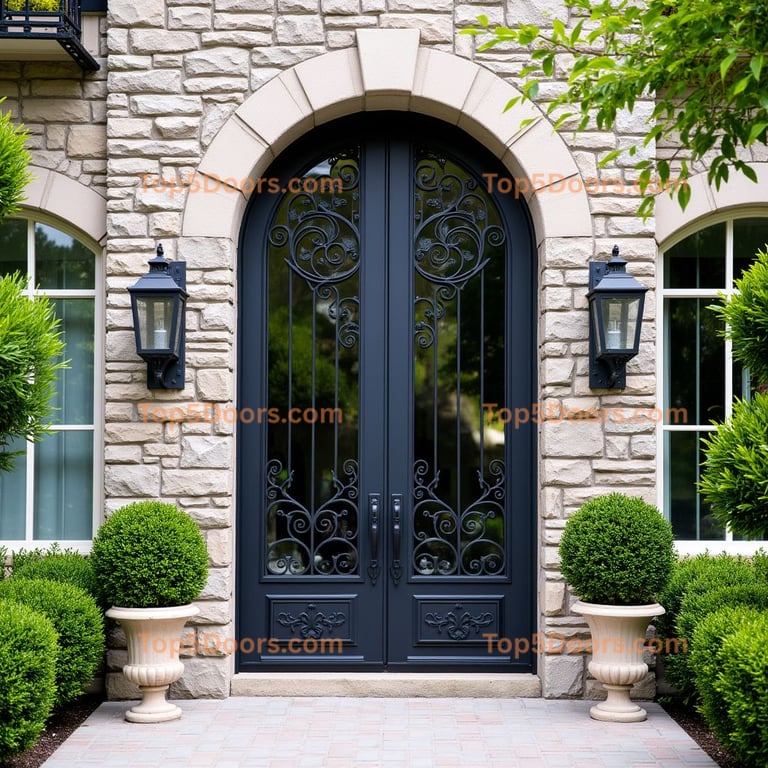 Iron Arched Double Door with Floral Metalwork