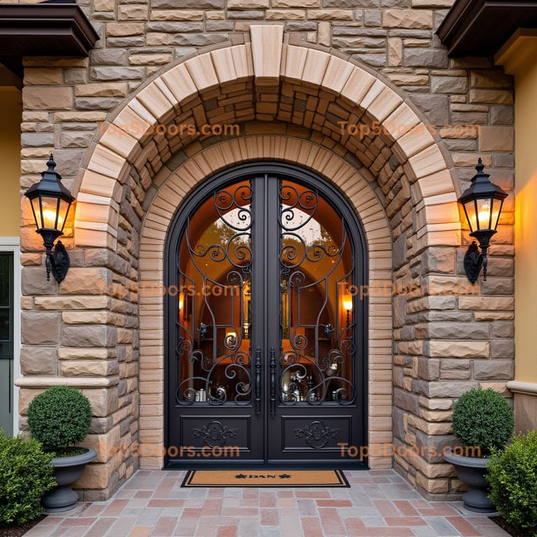 Iron Arched Entrance with Glass and Scrollwork