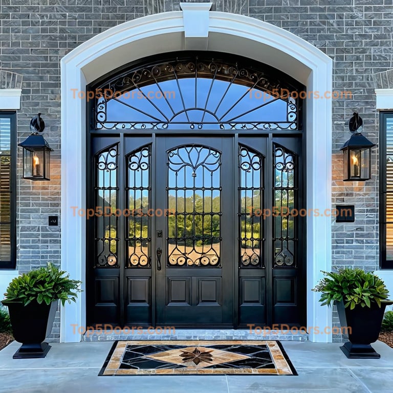 Elegant Black Wood and Wrought Iron Double Door With Arched Transom Window