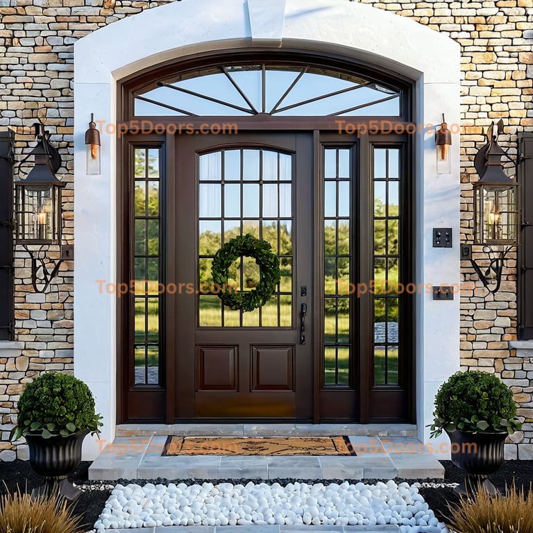 Arched Double Front Door With Sunburst Glass and Stone Surround