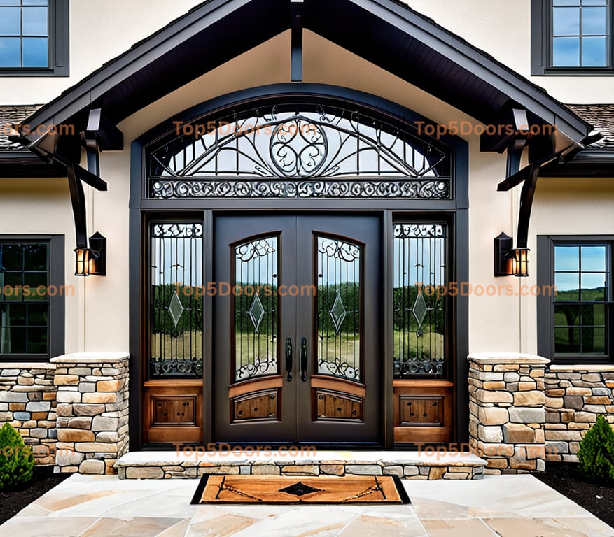Maine wrought iron glass paneled mountain lodge Door