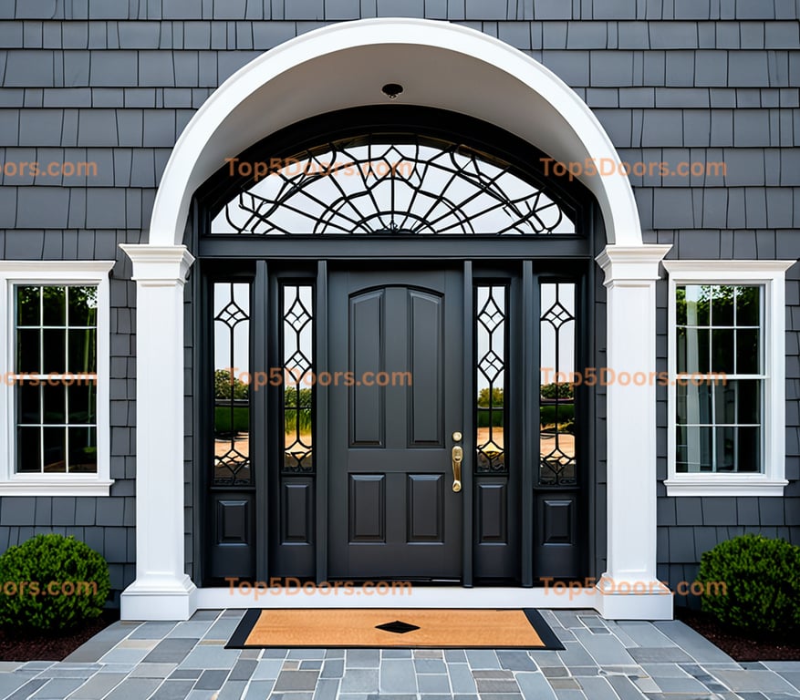 Arched Dark Gray Front Door With Sidelights and Decorative Transom Window