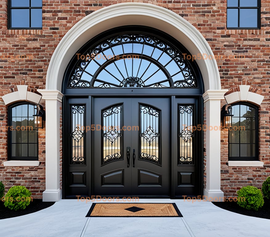 Elegant Black Double Doors With Wrought Iron and Glass in Arched White Entryway