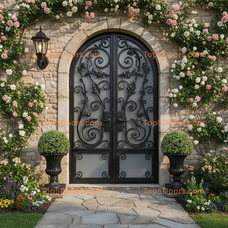 Wrought Iron Garden Minimalist Double Entry Door with Glass Panels