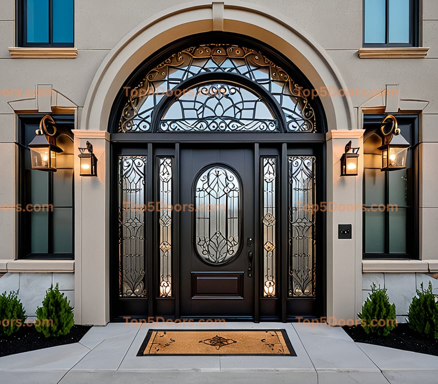 Elegant Arched Entryway With Stained Wood Door and Decorative Glass Sidelights