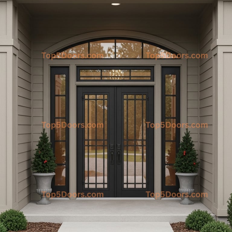 Elegant Black Grid Double Doors With Sidelights and Arched Transom Window