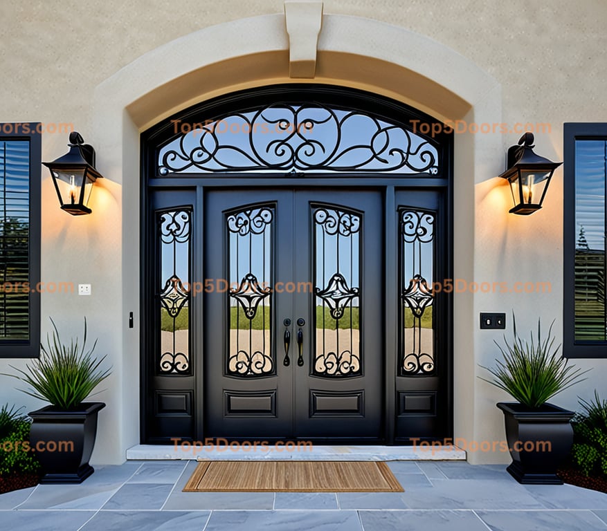 Ornate Wrought Iron Double Front Door With Arched Transom and Black Metal Frame