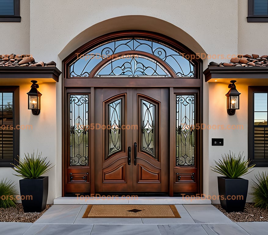 Mediterranean Double Door With Arched Transom, Decorative Ironwork, and Sidelights