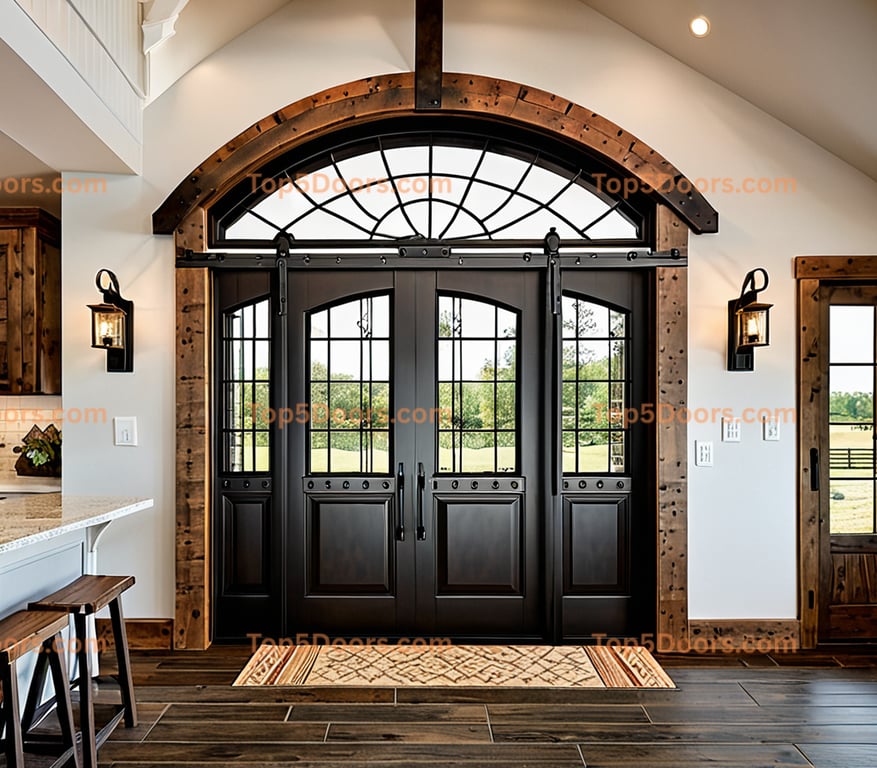 Arched Black Sliding Barn Doors With Glass Panes and Rustic Wood Frame