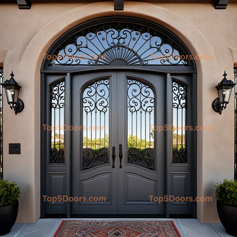 Arched Double Door With Wrought Iron and Transom Window 2