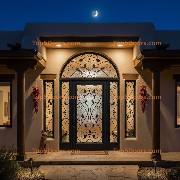 Black Metal and Glass Door With Decorative Vine Design and Textured Glass