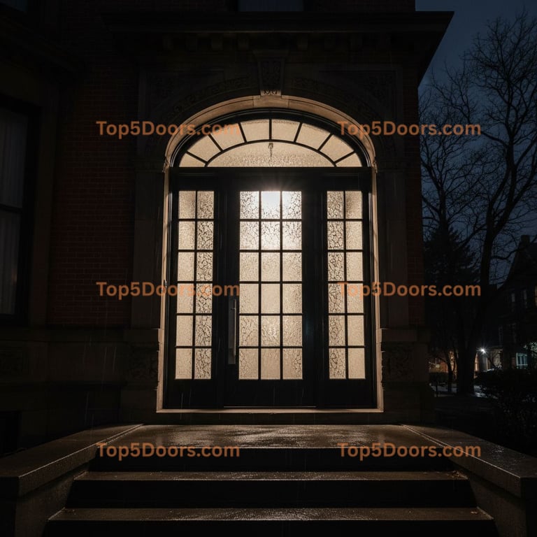 Arched Three-panel Door With Textured Glass and Brick Facade