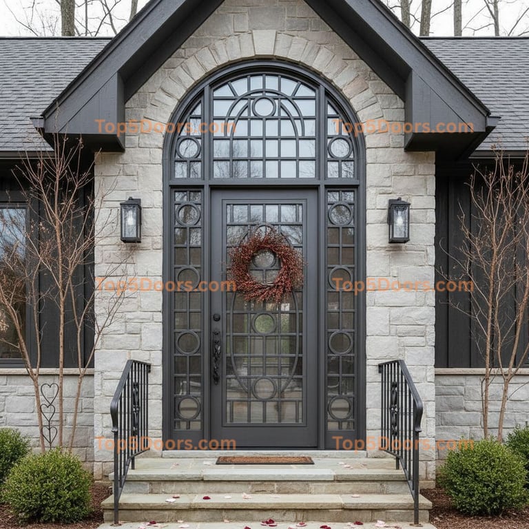 Black Metal and Glass Grid Door With Arched Transom and Stone Frame