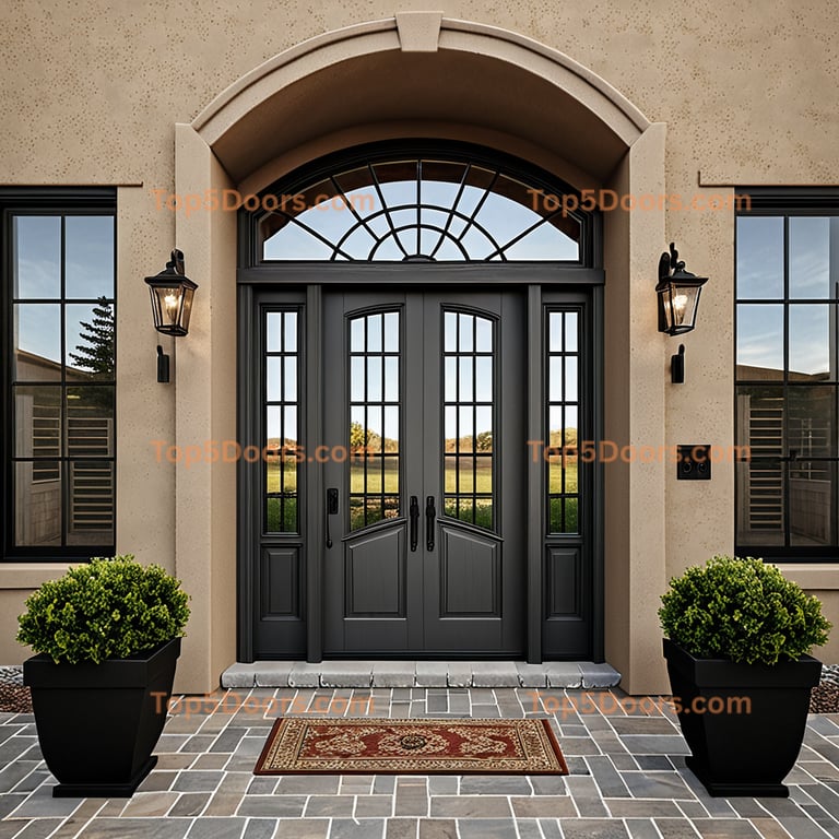 Elegant Dark Gray Double Front Door With Arched Transom and Sidelights 3