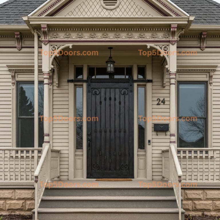 Dark Wood Sliding Barn Door With Metal Accents and Porch