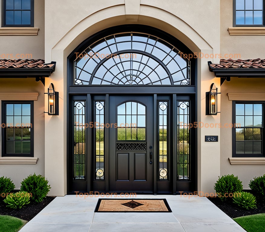 Arched Black Front Door With Sidelights and Sunburst Transom Window