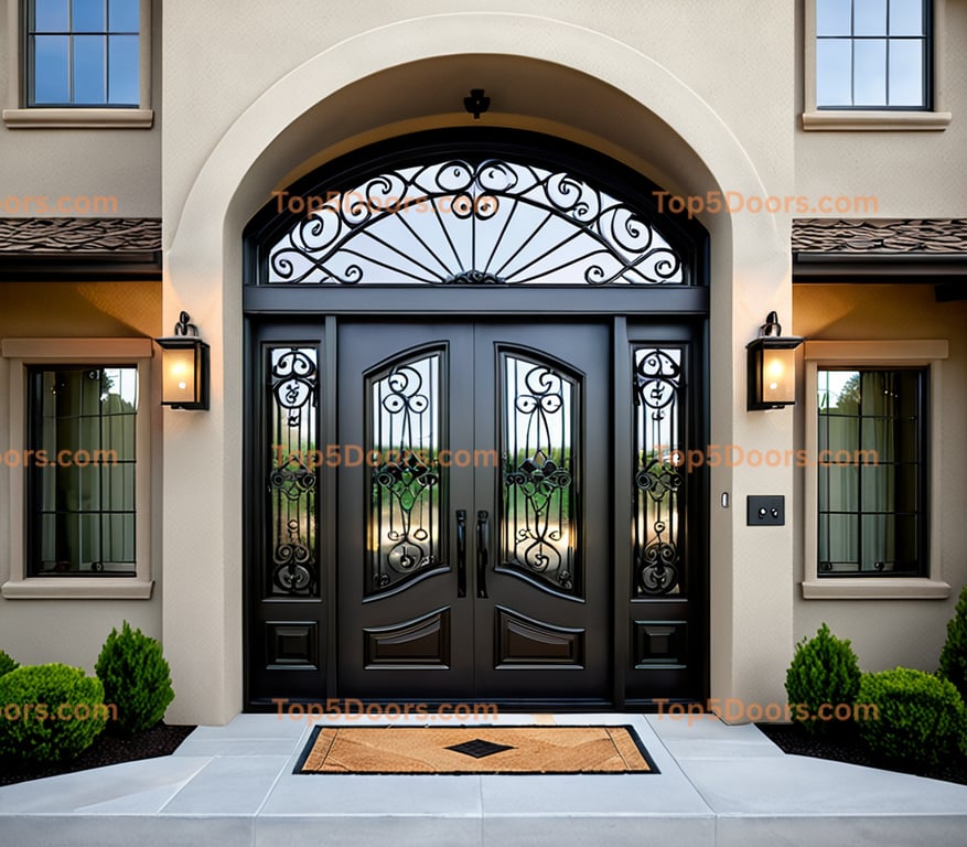 Arched Double Front Door With Wrought Iron and Transom Window 3