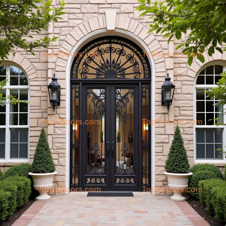 Ornate Black Metal and Glass Double Door