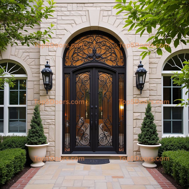 Ornate Black Metal and Glass Double Doors