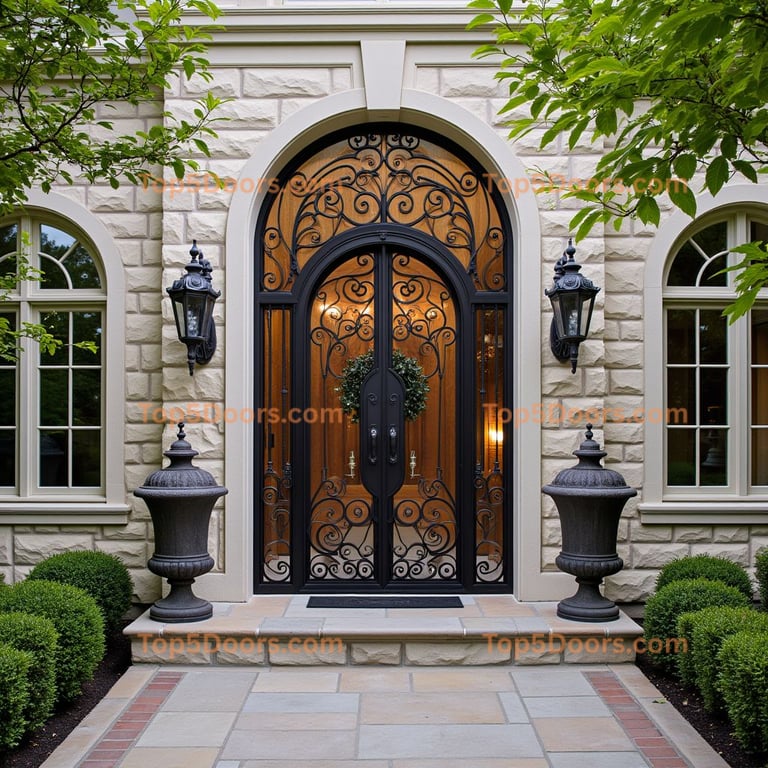 Ornate Double Door with Wrought Iron