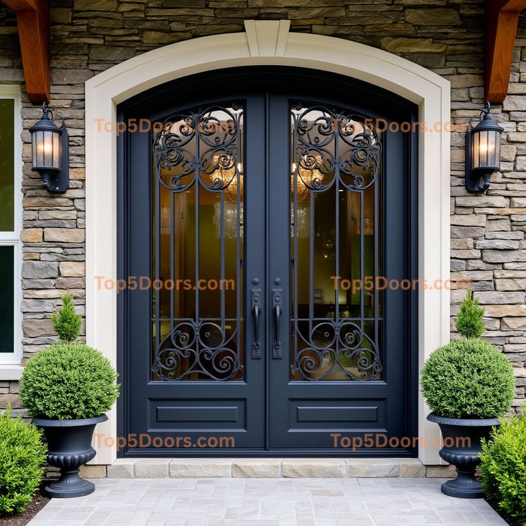 Arched Double Entry Door With Ornate Wrought Iron and Dark Blue-gray Finish