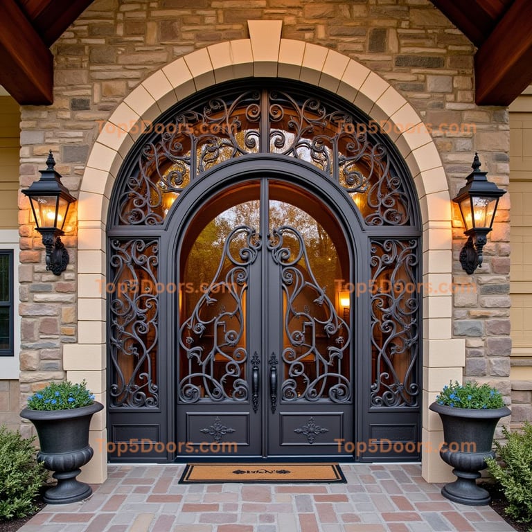 Ornate Metal and Glass Double Arched Door