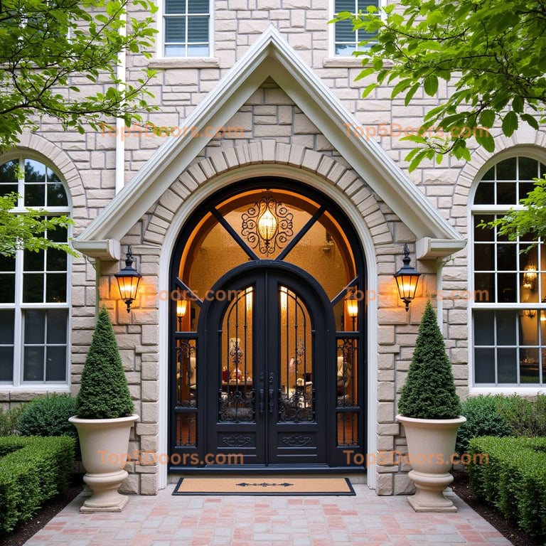 Ornate Metal Double Door with Stone Facade