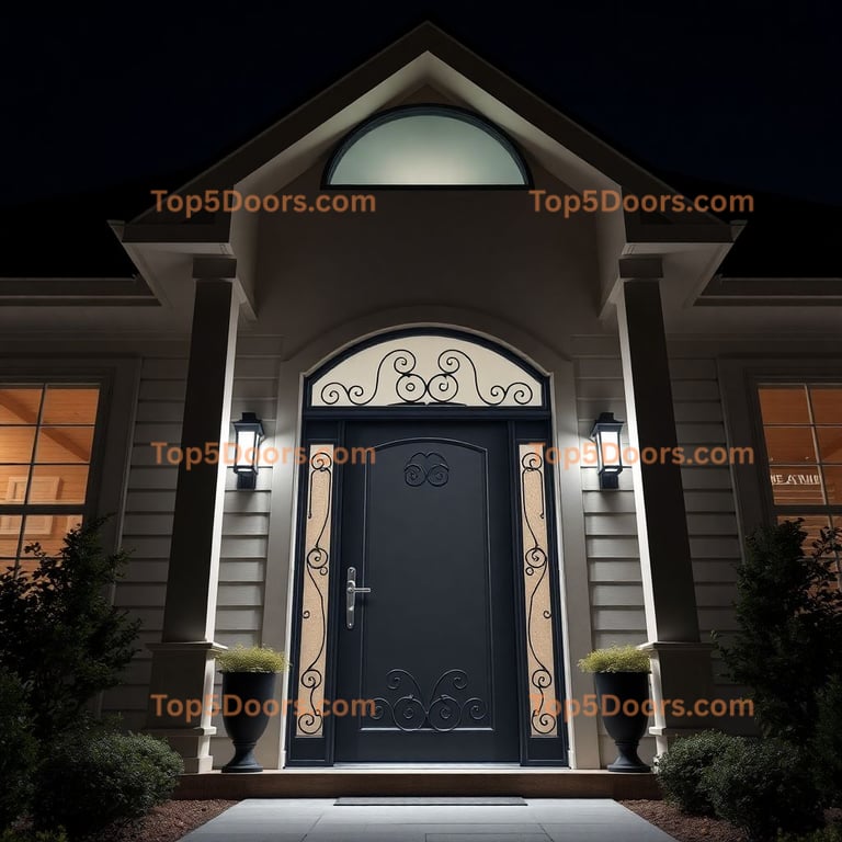 Elegant Blue Front Door With Wrought Iron Sidelights and Stone Walkway