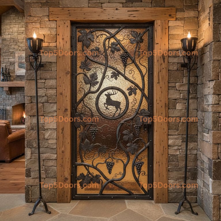 Rustic Wooden Door with Amber Glass and Metal Accents
