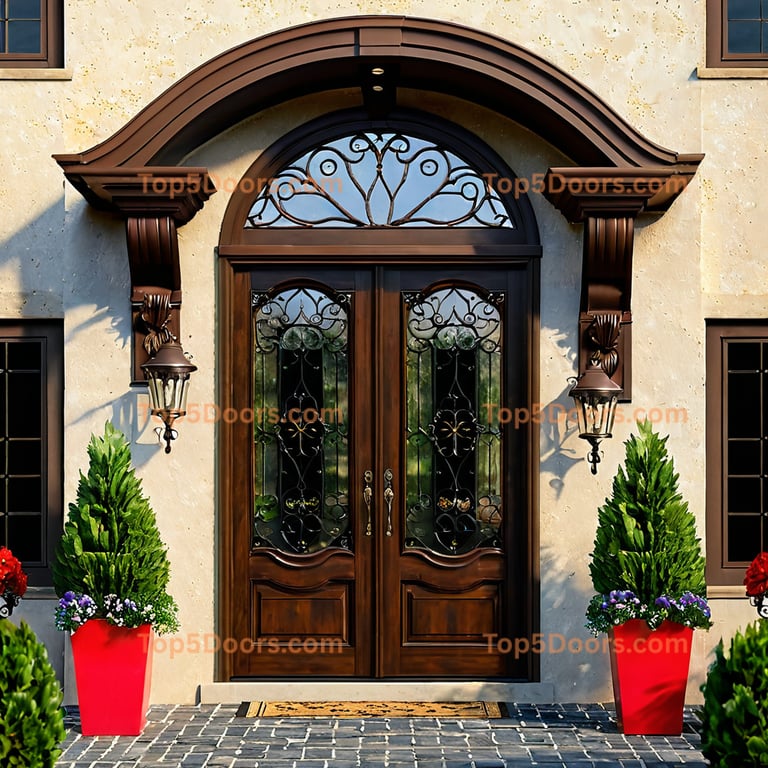Elegant Dark Wood Double Doors With Curved Top and Stained Glass