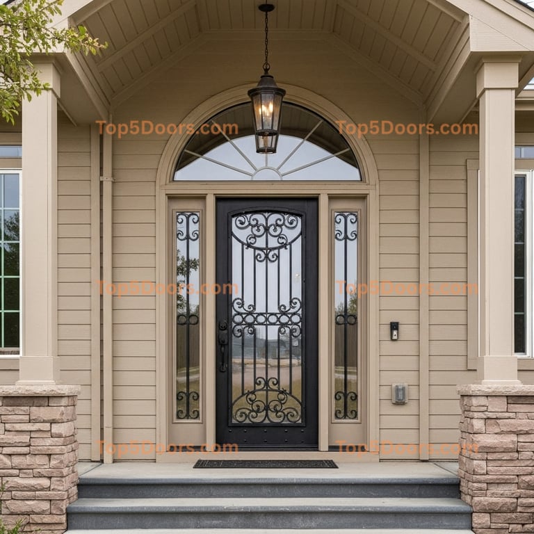 Elegant Black Wrought Iron Door With Scrollwork and Arched Transom Window