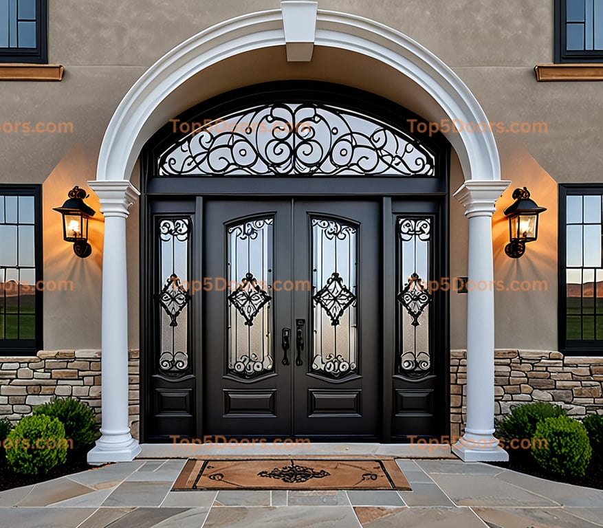 Elegant Double Front Door With Arched Transom, Wrought Iron Details and Sidelights