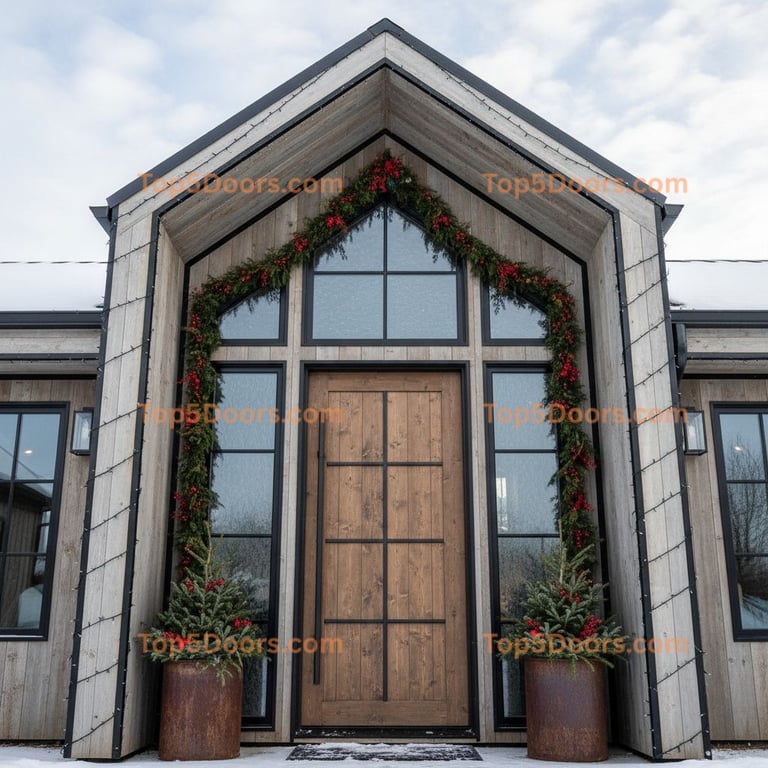 Six-panel Light Brown Wood Door With Metal Accents and Holiday Garland