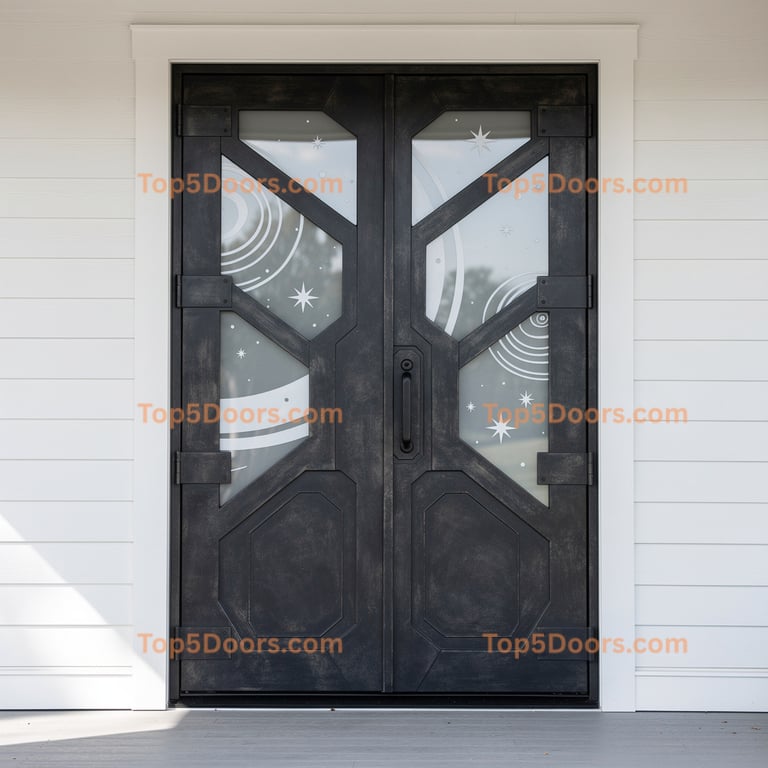 This exquisite tuscan iron entry door showcases exceptional craftsmanship with transom.
