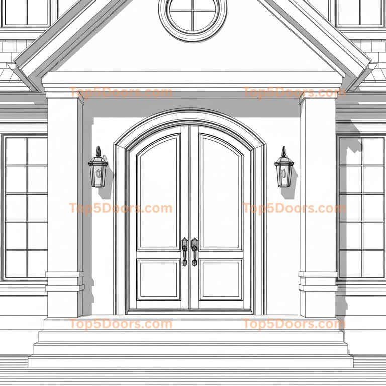 Elegant White Arched Double Front Door With Sidelights and Columns