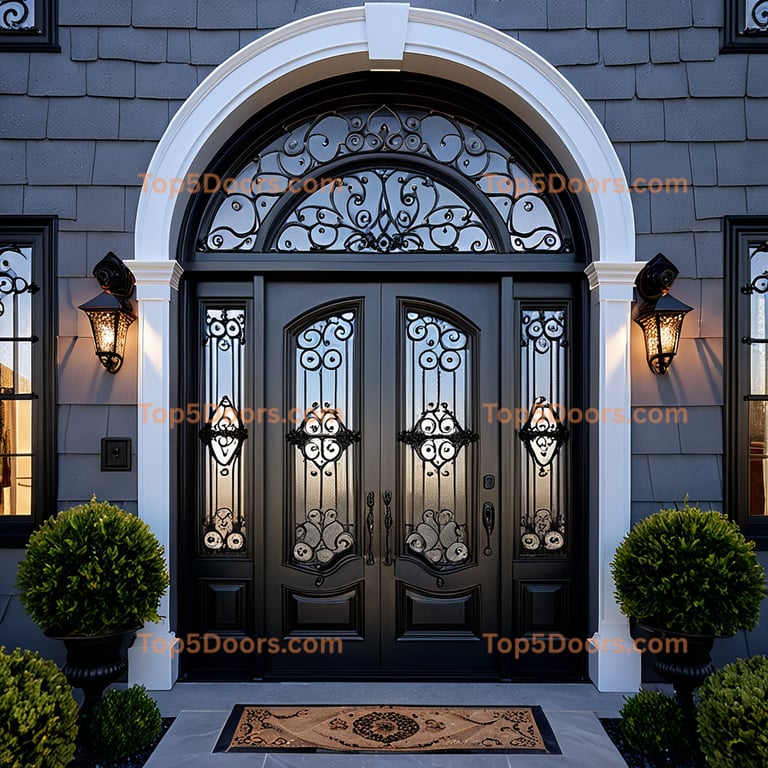 Grand Arched Double Door With Decorative Ironwork and Stone Steps