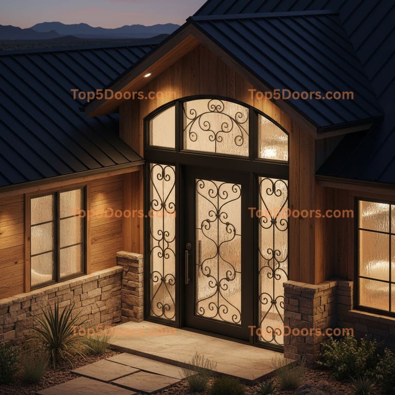 Modern Arched Frosted Glass Triple Door With Wrought Iron Design